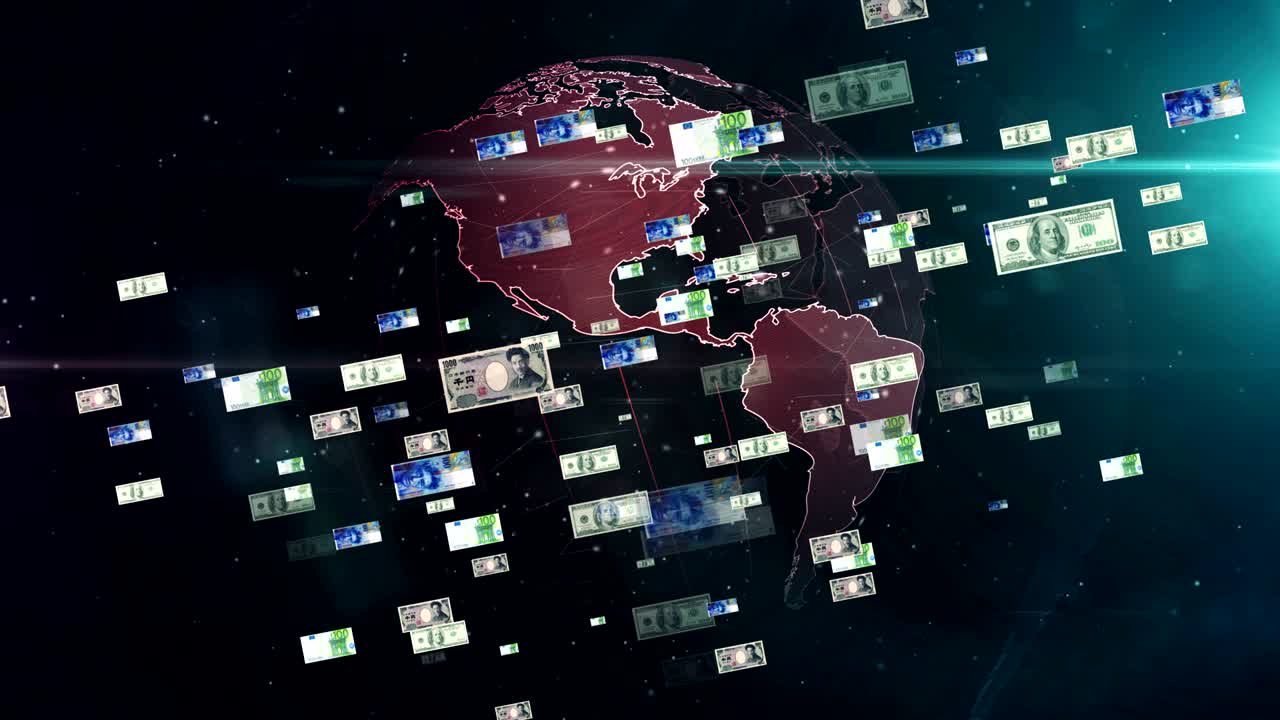 세계 글로브 루프 (world globe loop) 와 무결한 배경 (seamless background) 을 가진 지폐