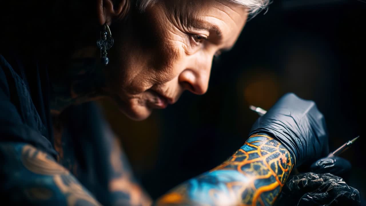 L'arte nell'inchiostro: primo piano di un tatuatore esperto che crea design intricati sulla pelle di un cliente, mettendo in mostra la sua esperienza e passione per la cultura del tatuaggio