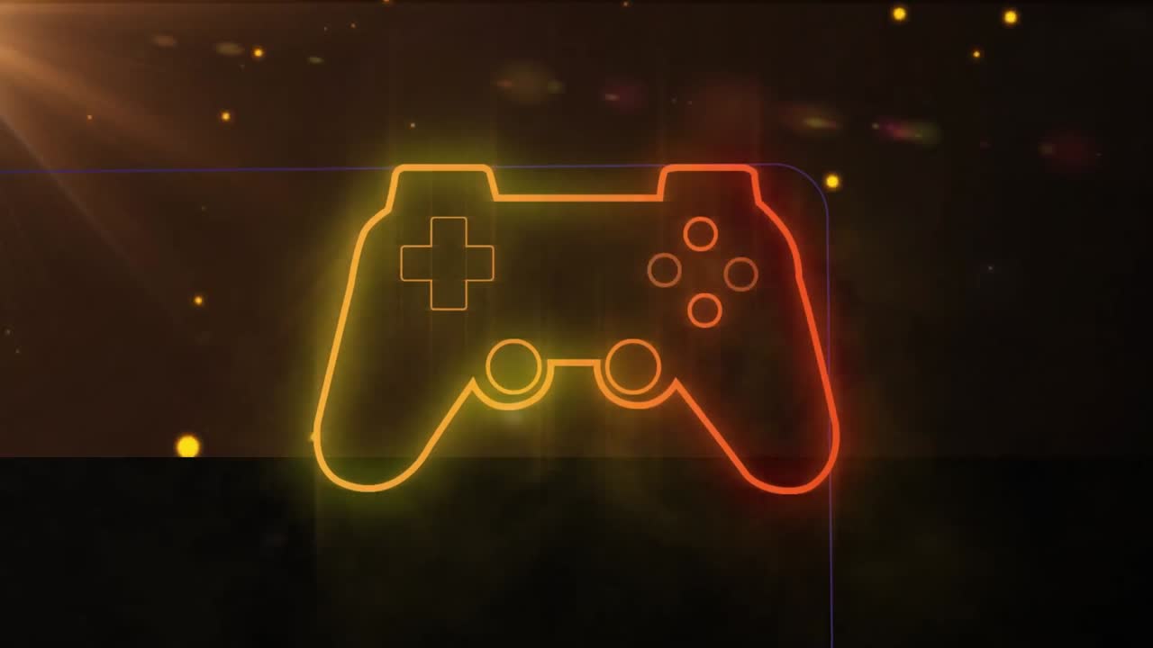 animazione di una console di videogiochi al neon incandescente e punti di luce che cadono su uno sfondo nero