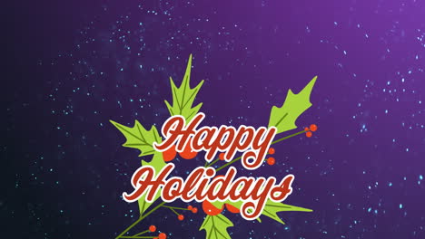 animation of happy holidays an ivy over violet background with snow