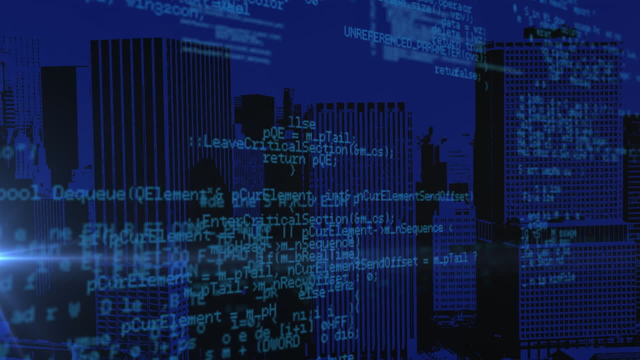 Animation of data processing and cityscape on blue background