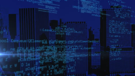 animation of data processing and cityscape on blue background