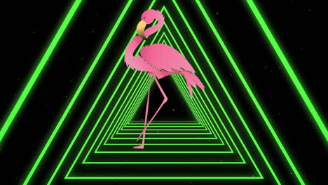 animación de flamenco rosado sobre triángulos de neón sobre fondo negro
