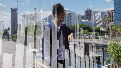 businessman checking watch with financial data processing animation over cityscape background