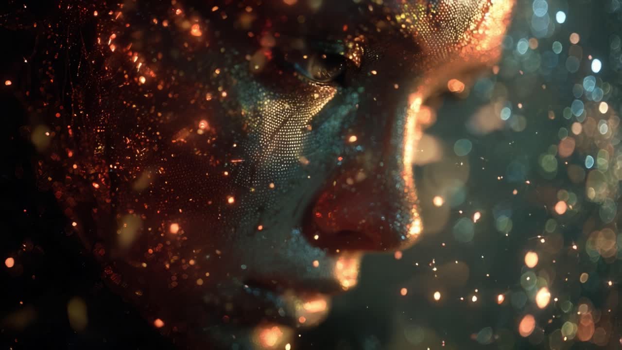 Futuristic artificial intelligence concept showing a close up of a cybernetic face with glowing skin, blinking slowly as sparkling glitter and bokeh lights float in a dark, atmospheric setting
