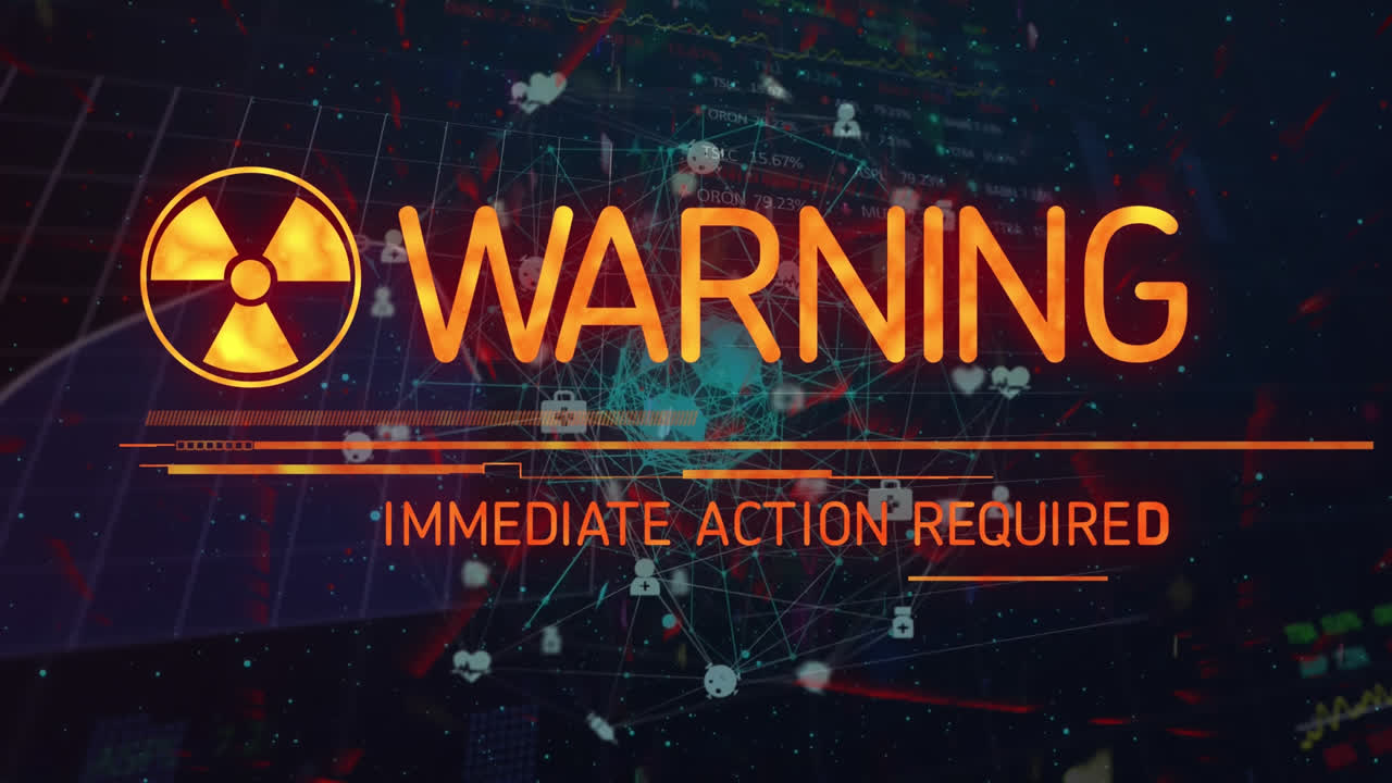 animación del símbolo radiactivo y el texto de advertencia sobre el globo de iconos digitales y procesamiento de datos