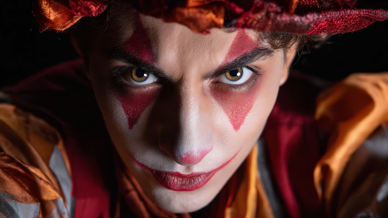 Intense Clown Portrait: Captivating Close-up of a Theatrical Clown with Striking Makeup and Engaging Expression in a Dark Surrounding
