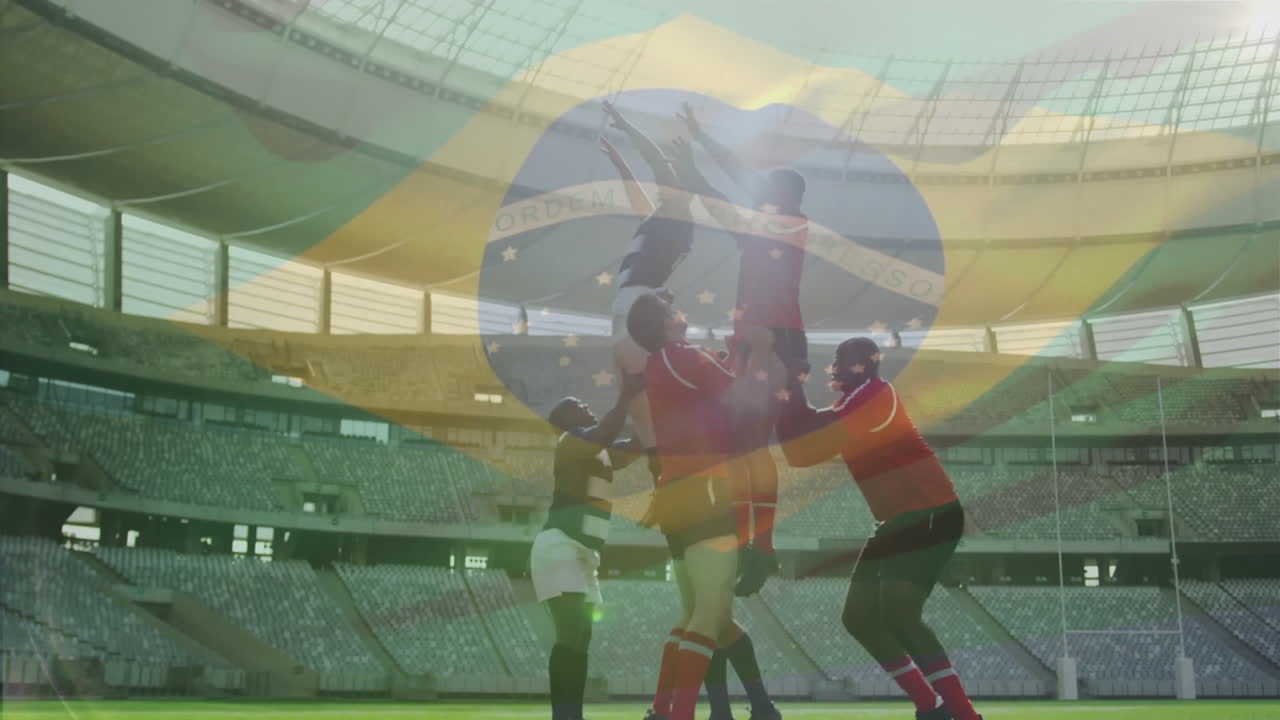 In stadium, rugby players lifting teammate with Brazil flag animation overlay