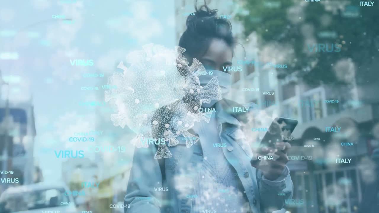 Animation of words Virus and country names and macro Covid-19 cells floating over Asian woman wearin