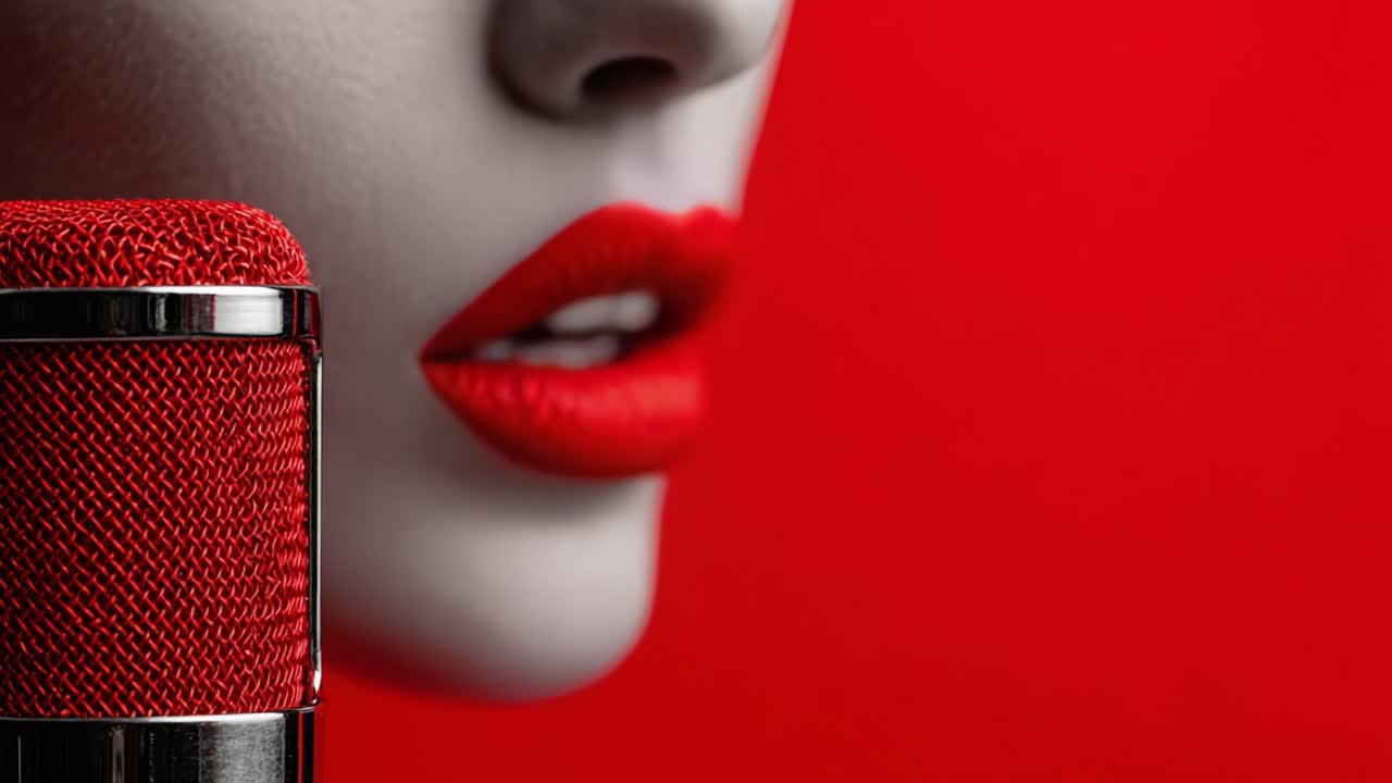 A Captivating Close-Up of a Semi-Realistic Face Featuring Vibrant Red Lips and a Stylish Microphone Against a Bold Red Background