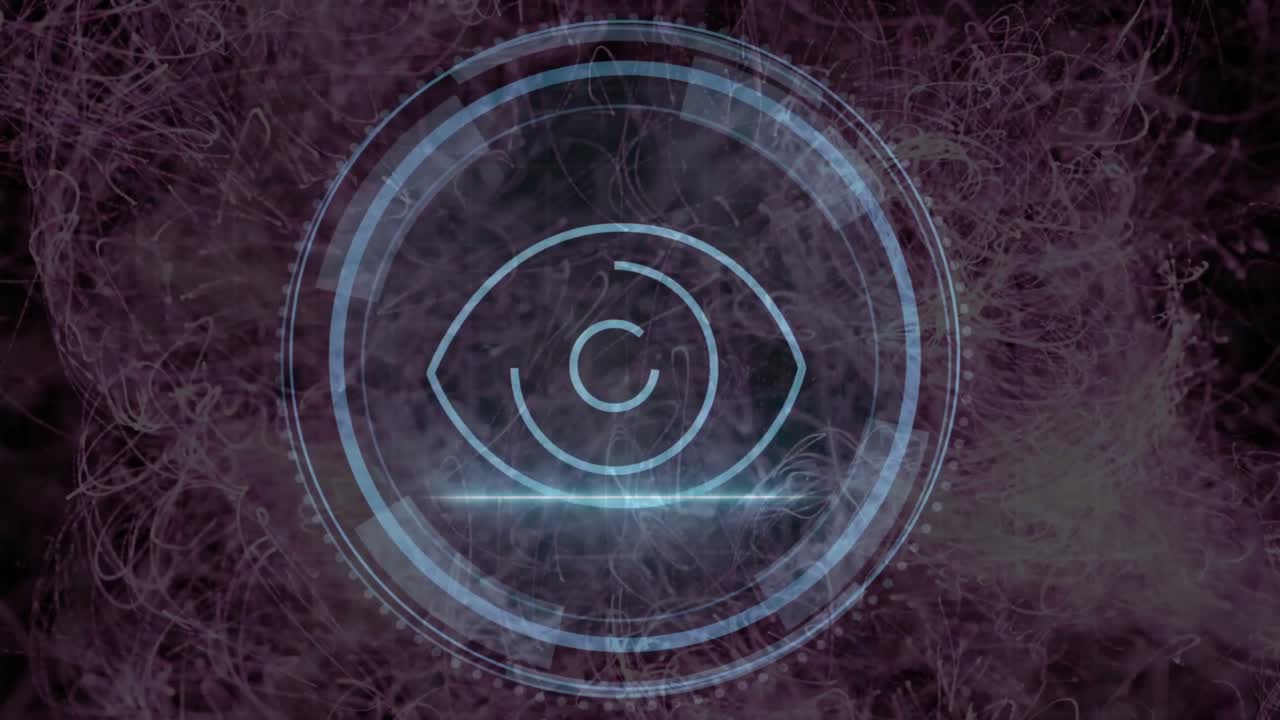 Su uno scudo a griglia scura che sfuma in flussi viola, formando un'icona a occhio HUD rotante che mostra la cybersecurity