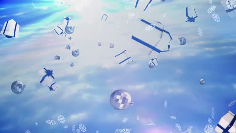 animación de , bolas de navidad y regalos y nieve cayendo sobre fondo azul