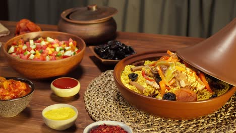 moroccan cuisine. tajine, traditional dish made of lamb and eggplant, vegetable salad. middle eastern culture. couscous with mutton close-up, delicious rice. homemade food.