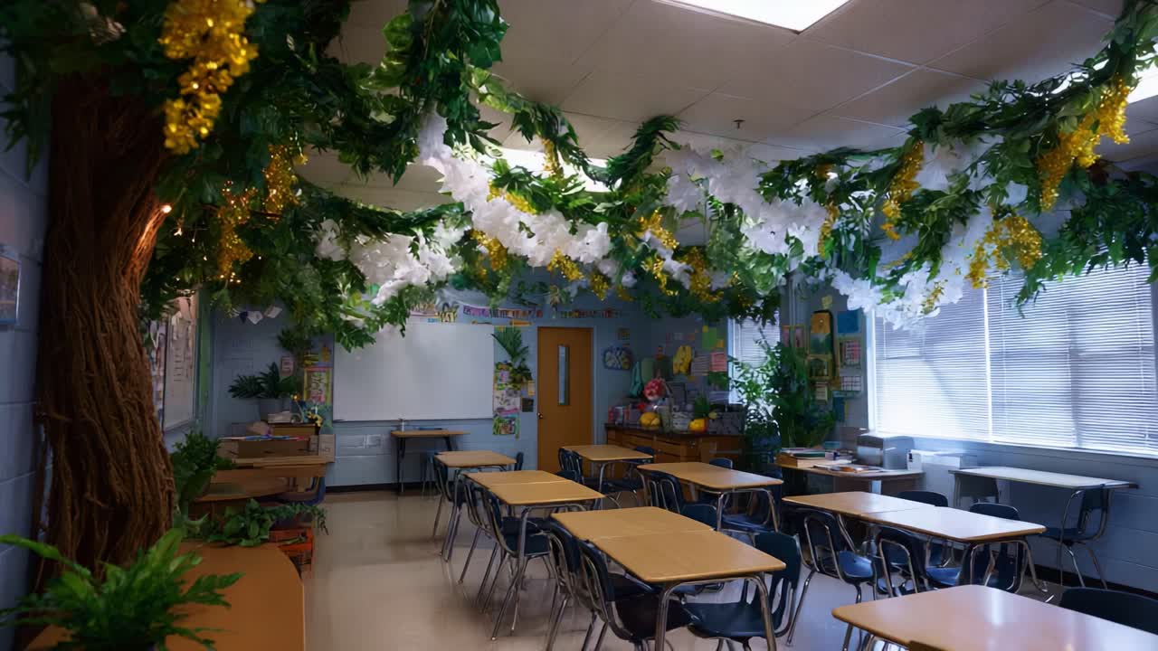 Uma sala de aula vibrante, decorada com vegetação exuberante e arranjos florais coloridos, criando um ambiente de aprendizado animado para alunos e educadores.