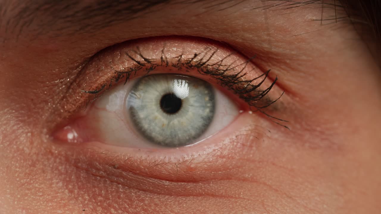 Woman eye macro, detailed closeup of an eye with colorful contact lenses, with long eyelashes and a natural brow exudes beauty and elegance