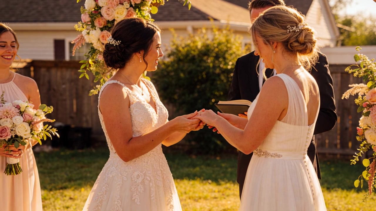 La sposa, con la mano sinistra tesa, fa scivolare l'anello al dito del partner in un cortile, sotto un arco, indossando abiti di pizzo per il matrimonio.