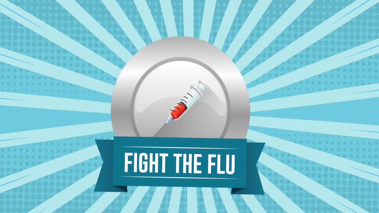 파란색 래디얼 배경에 주사기 아이콘을 가진 'fight the flu' 텍스트 배너의 디지털 애니메이션