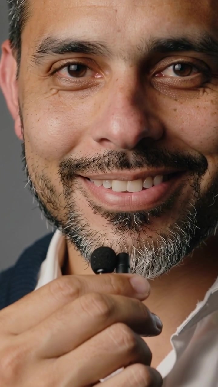 Video verticale: Uomo in studio in camicia bianca e maglione scuro che avvicina il microfono.