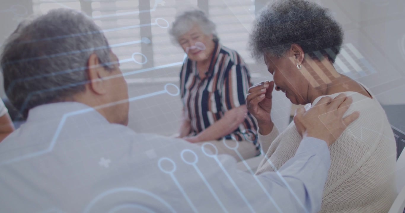 Vertical video: Man reaching, placing hand, woman wiping, circuit overlay appearing, calming scene