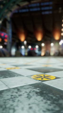 primer plano detallado de las baldosas del piso de la estación de metro