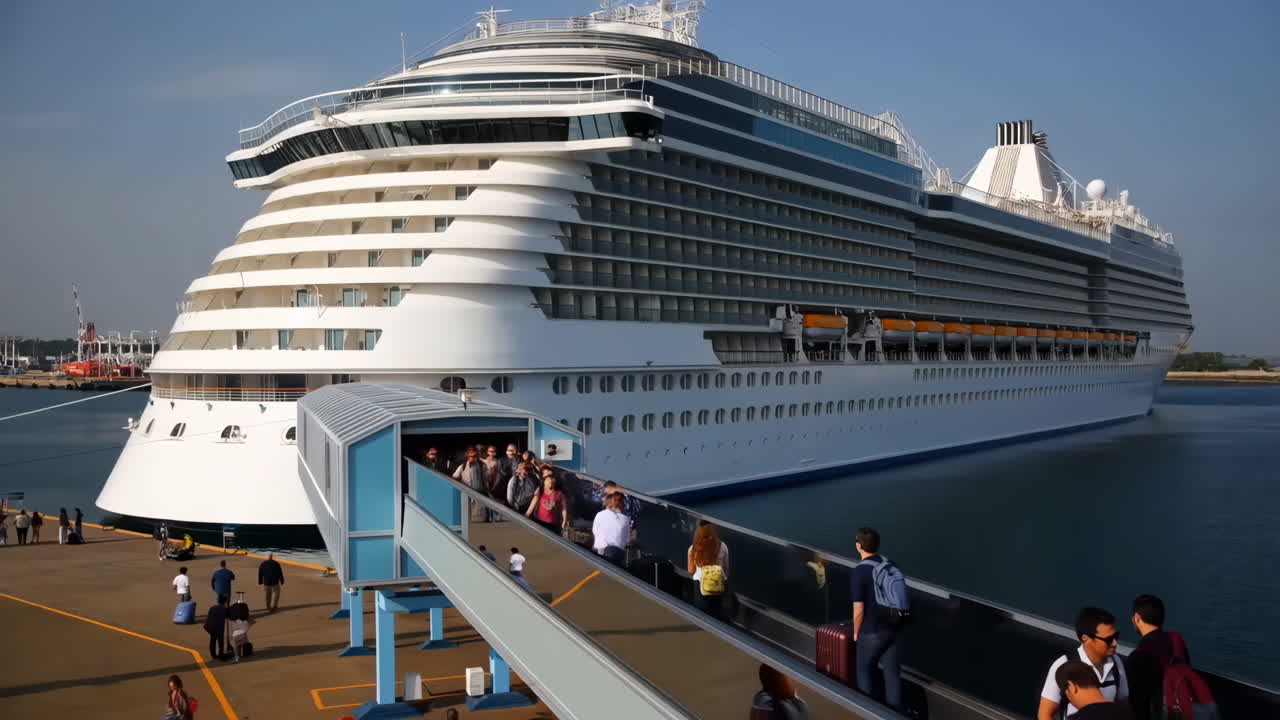 Passengers boarding a large cruise ship at port