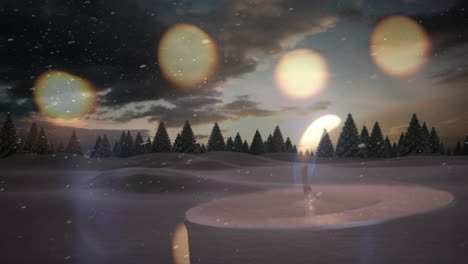 candle flame animation over snowy landscape with pine trees and cloudy sky