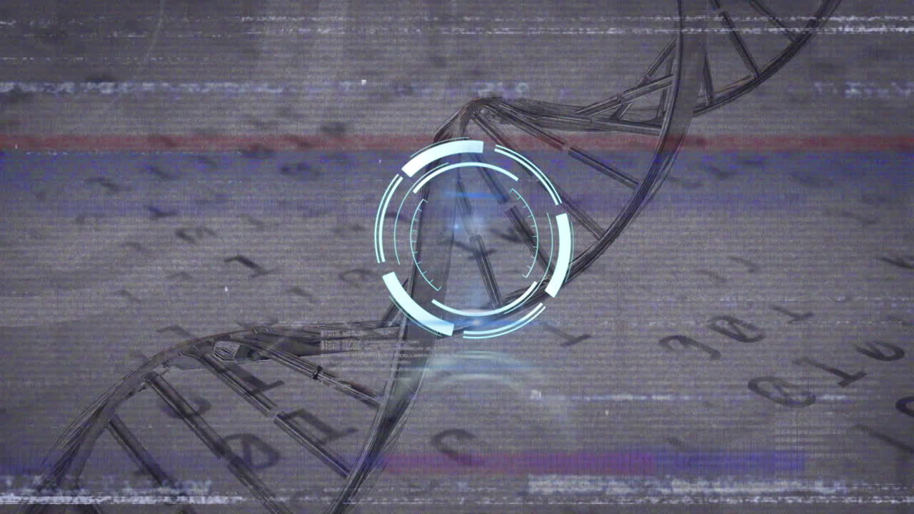 animación del reloj sobre la cadena de adn giratoria y el código binario