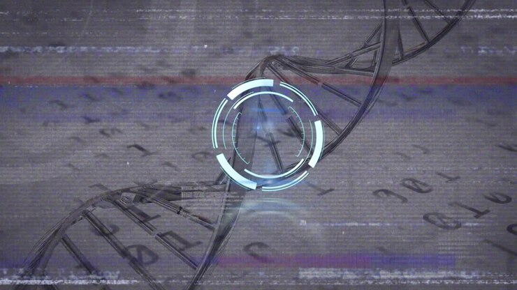 Animation of clock over spinning dna strand and binary code