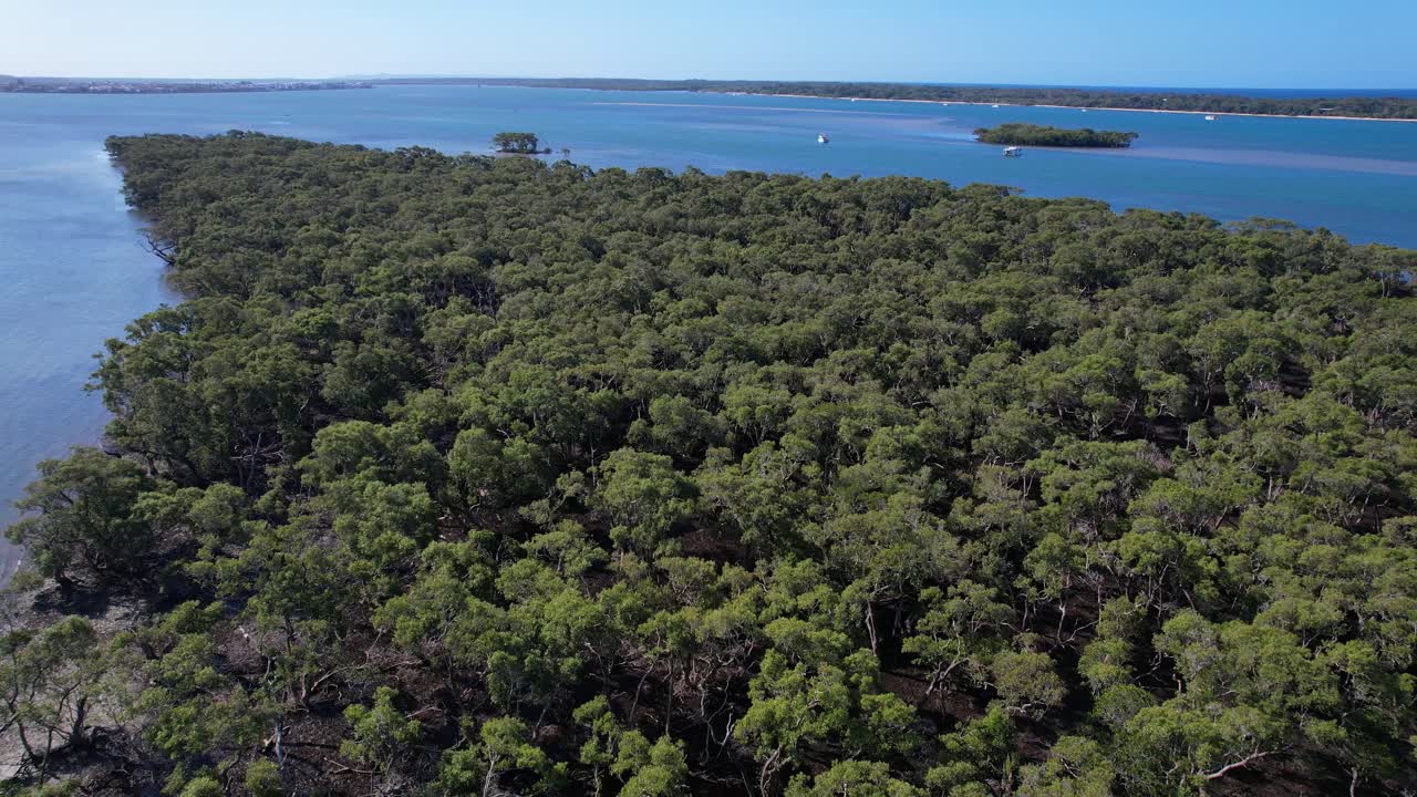 오스트레일리아 즐랜드의 골드코스트에 있는 러나웨이 베이 근처에 있는 크래브 아일랜드의 숲이 인 지형 위를 날아다닙니다.