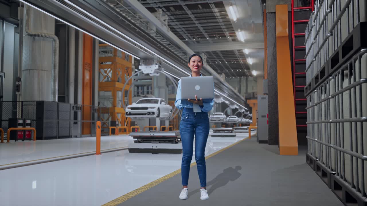 mujer trabajando en una computadora portátil en una fábrica de automóviles moderna