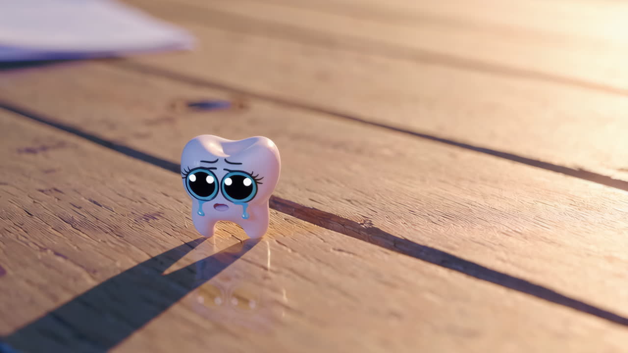 Sad Tooth Figurine on Wooden Table