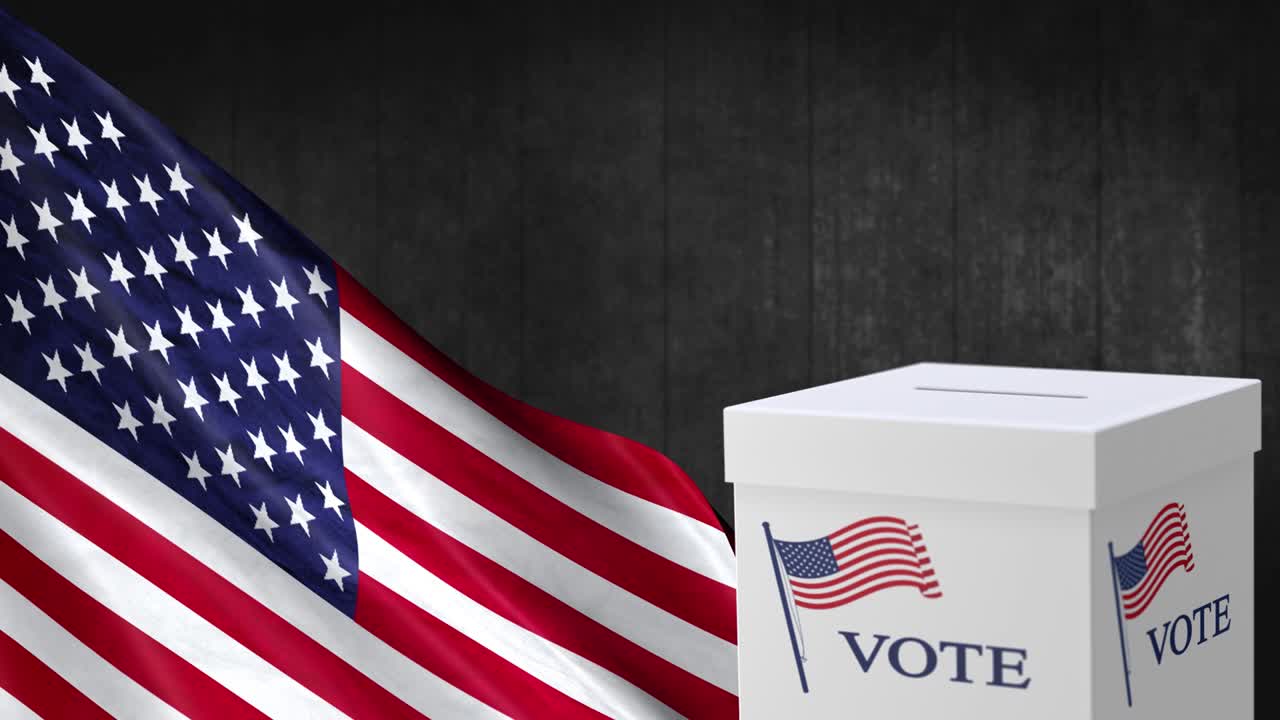 미국 선거: 대통령 선거 상자 투표 투표용지 미국 발을 흔들고 미국 기를 흔들고