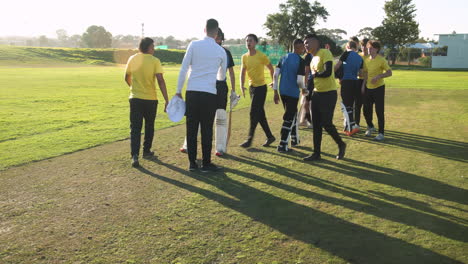 two teams of multiracial male cricket players and male umpire playing cricket on pitch