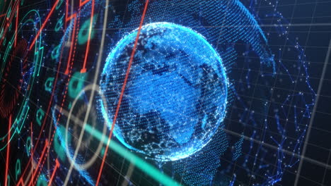 animation of scope scanning and globe with network of connections on grid in background
