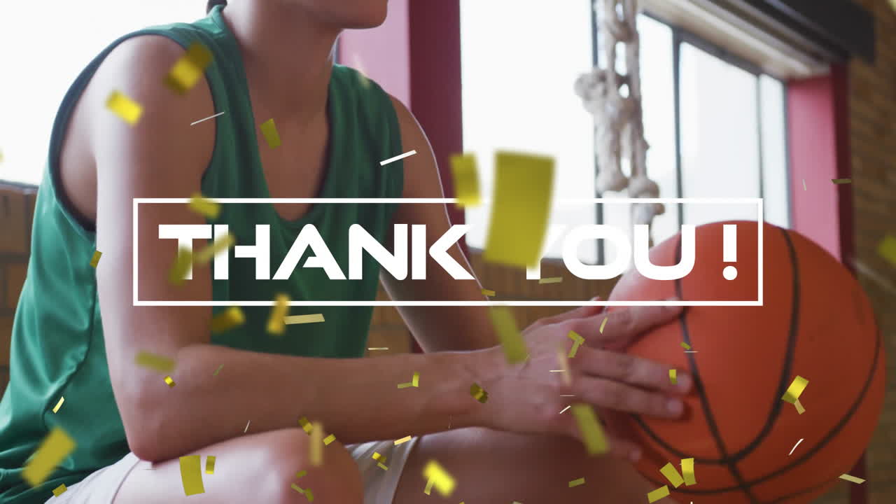 Holding basketball, player with Thank You text and animation of falling confetti