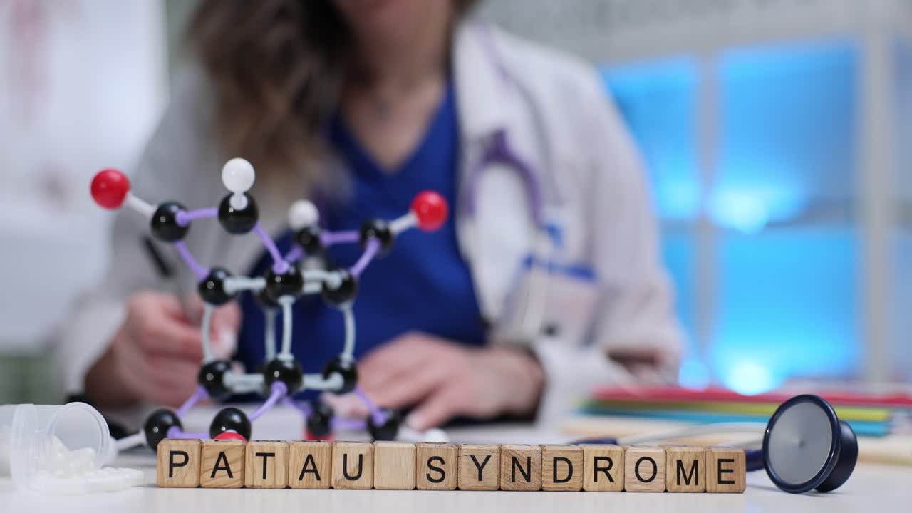 Träkuber bildar frasen Pataus syndrom nära en molekylmodell.