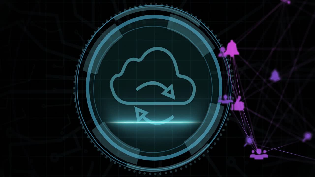 Cyber security text over a round scanner and globe of digital icons against black background