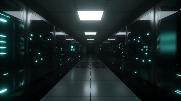 Endless flight along server blocks. Data center and internet. Server rooms with working flickering panels behind the glass. Technology corridor. Seamless loop 3d render