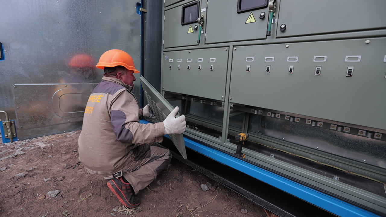 Electrician working on outdoor electrical panel