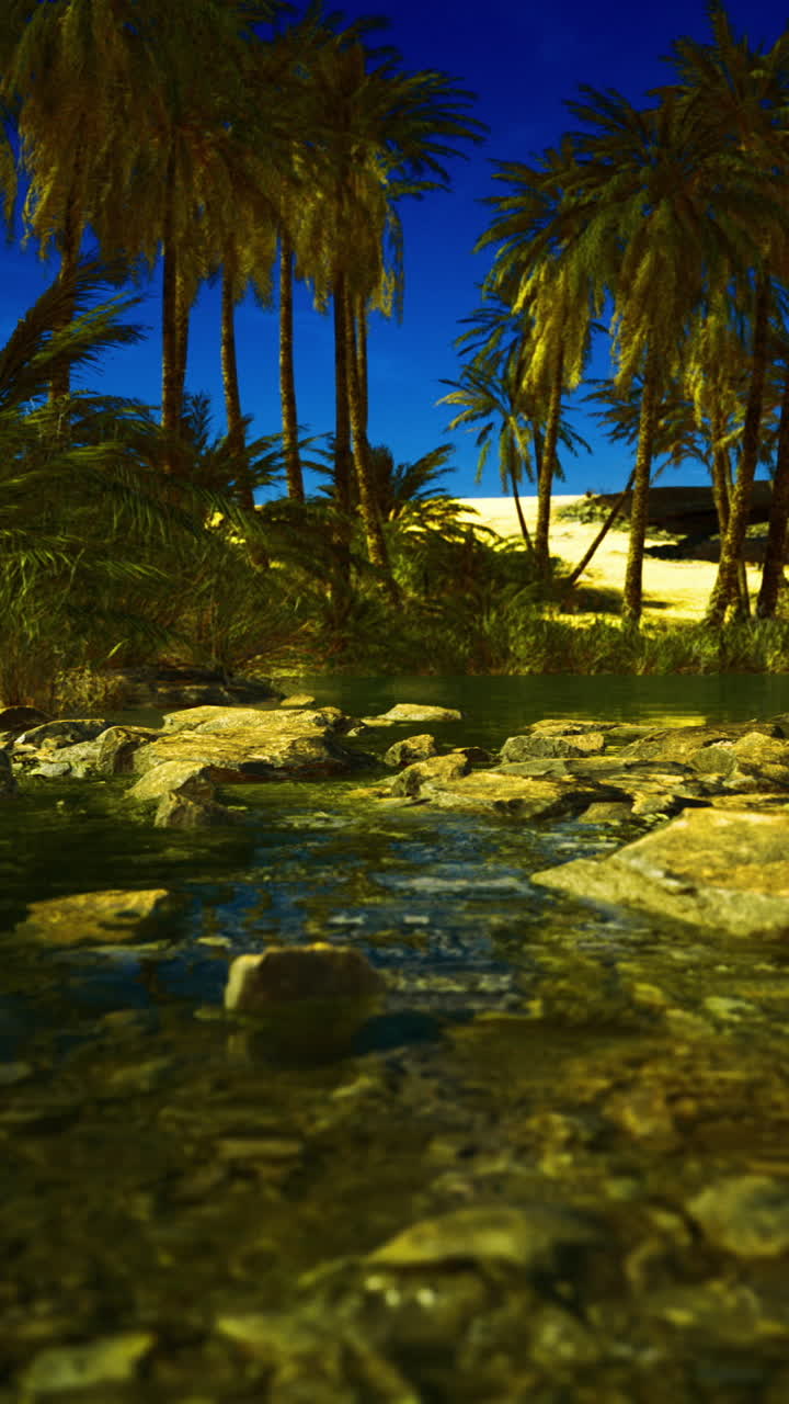Sandy oasis under a starry sky surrounded by lush palm trees and rocks