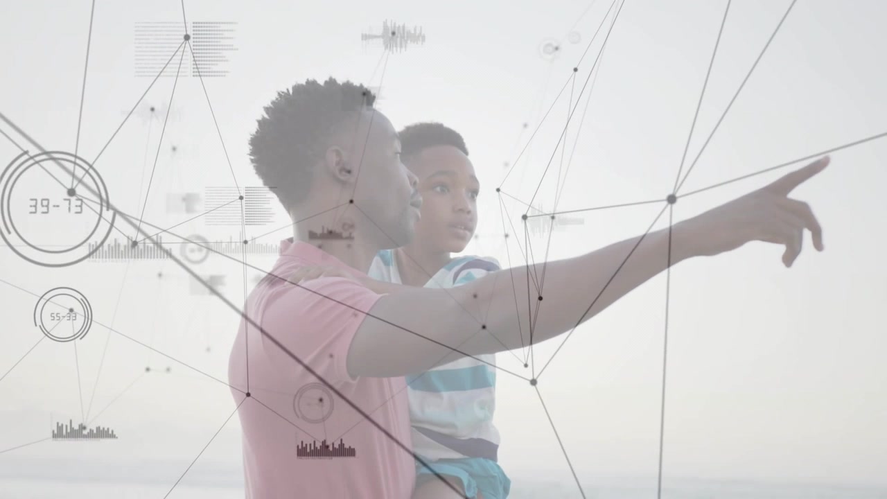 Dad carrying son on hip while pointing horizon showing horizon as tech HUD animating over them