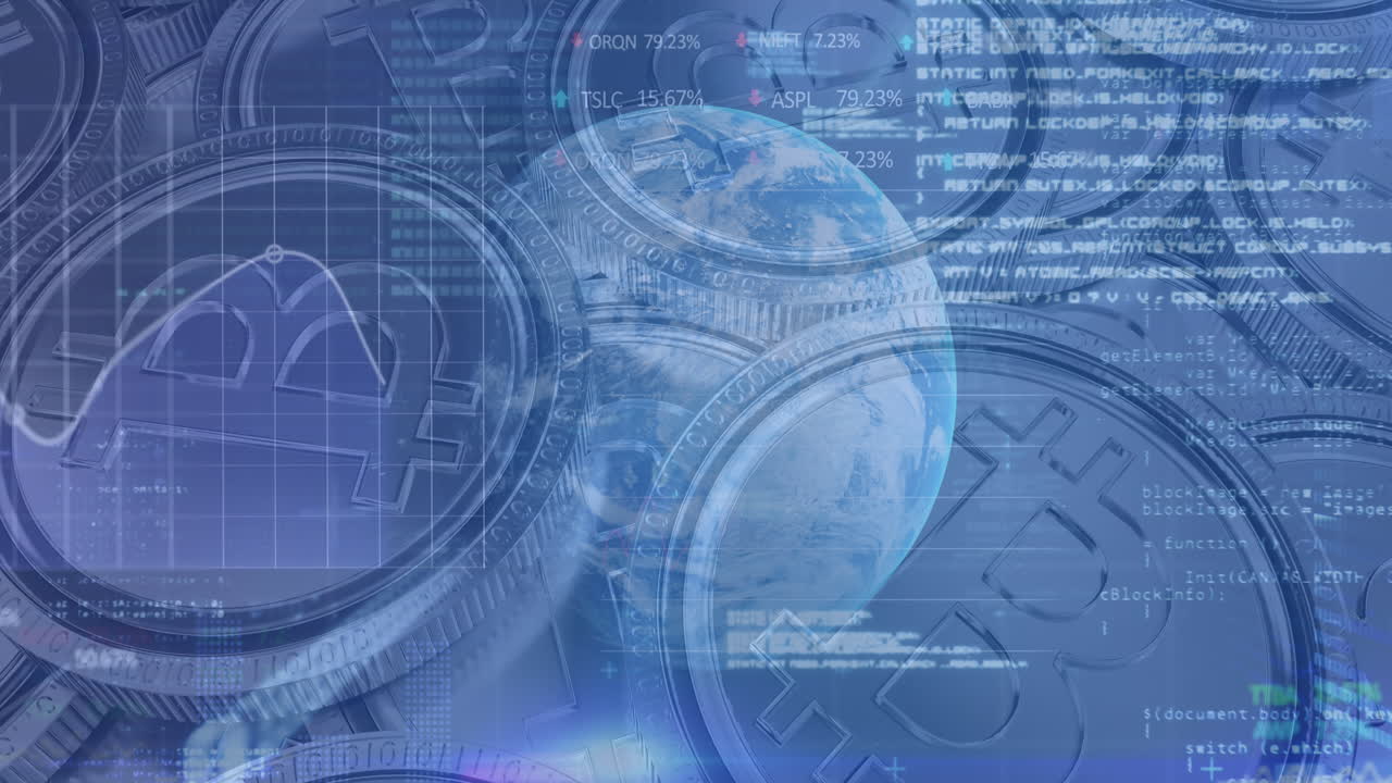 animación del procesamiento de datos financieros sobre bitcoins y globo