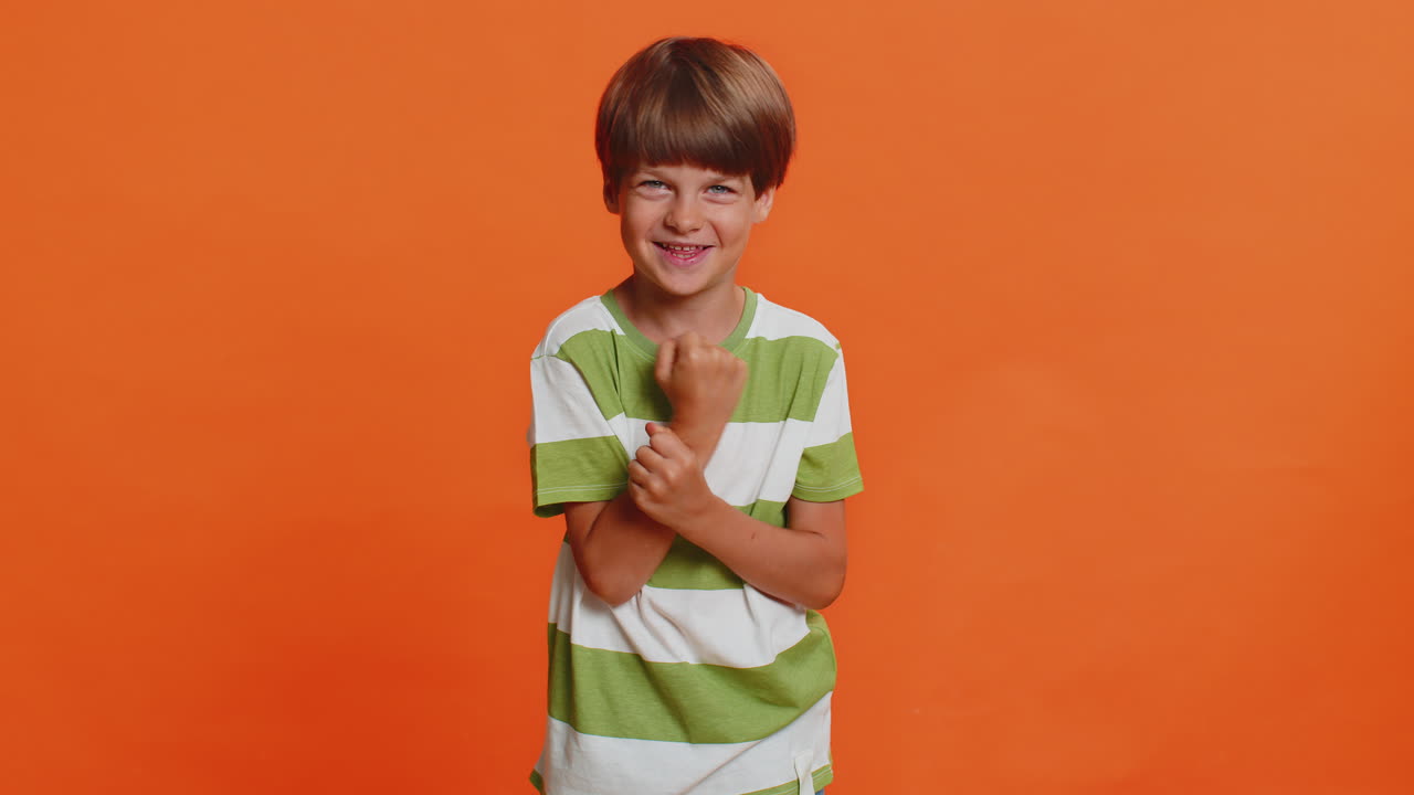 Inspired child boy having good idea plan startup showing inspiration motivation eureka gesture