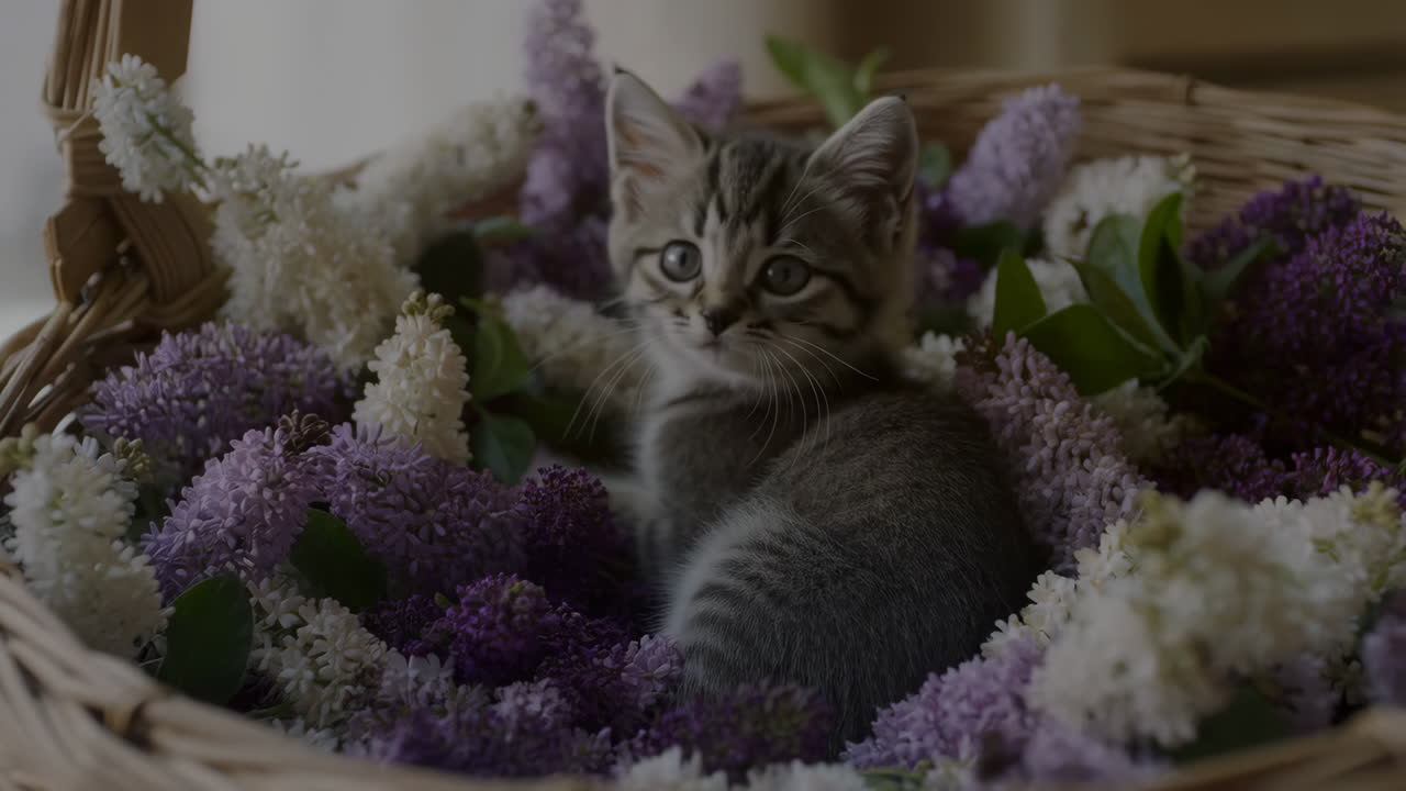 Cute Kitten in a Basket of Lilac Flowers