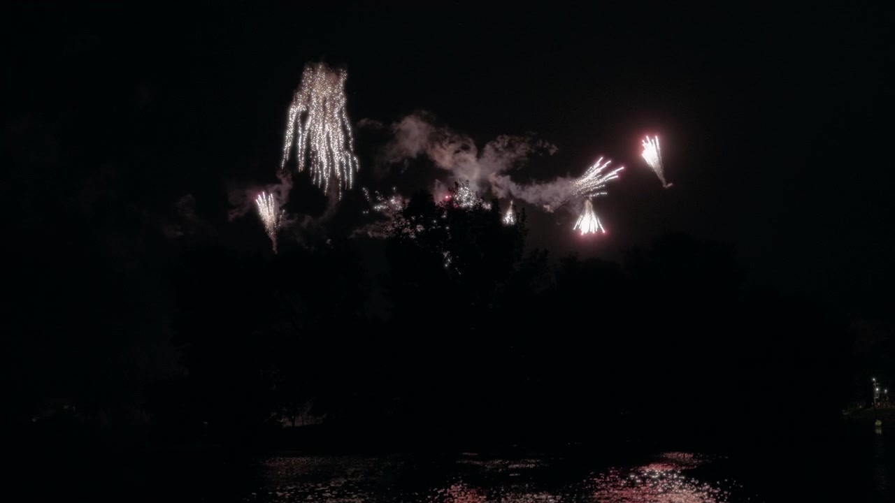 Fireworks reflecting in the lake water