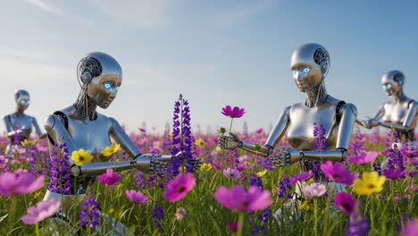 a beautiful encounter between robots in a vibrant flower field: two futuristic androids interacting with colorful blooms under a clear blue sky