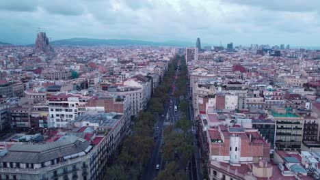 Barcelona-cityscape-with-prominent-avenues-and-historic-architecture,-overcast-day,-aerial-view