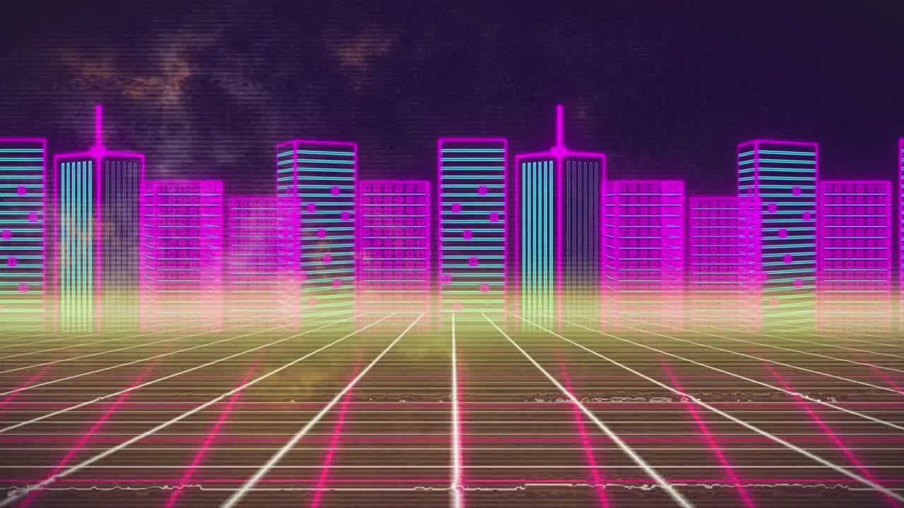 어두운 배경에 그리드 위의 도시 풍경의 애니메이션