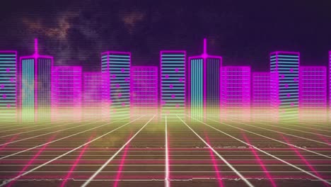 animación del paisaje urbano sobre cuadrícula sobre fondo oscuro