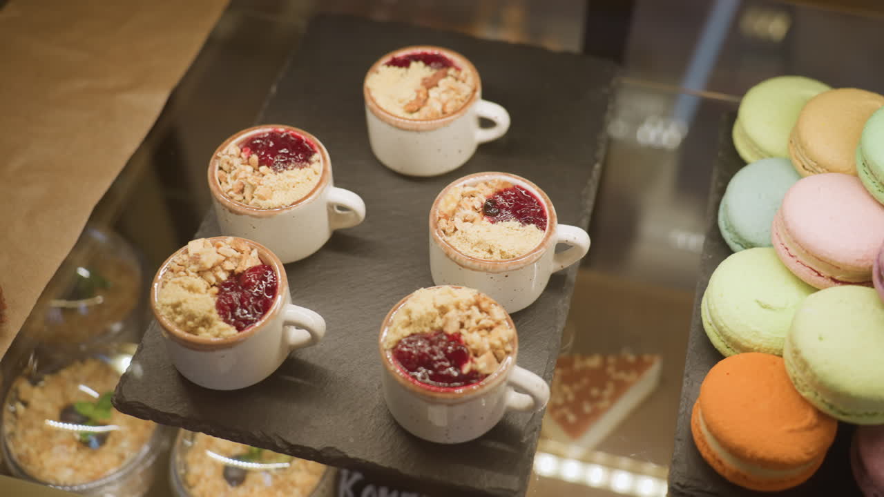 Close up of delicious dessert cups filled with berry sauce and crumbles next to stacked colorful macarons inside store display, showcasing vibrant sweet treats under warm lighting in bakery